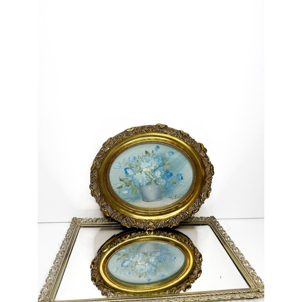 Gorgeous Gold Framed Florals in Vase oil painting. Blue hydrangea in handcrafted
